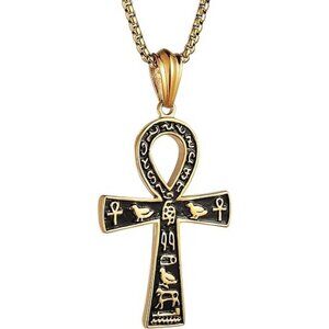 Gold-Big Large Ankh Cross Pendant Ancient Egyptian Hieroglyphic 22+2 Inch Chain